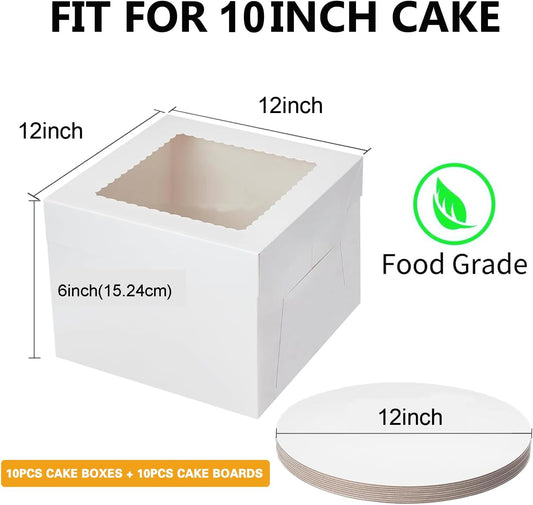 20Pack 12x12x6 Cake Boxes with Boards, 10Pcs Cake Boxes & 10Pcs Cake Boards, Sturdy White Packaging for Transporting & Displaying Cakes, Desserts, and Fathers day
