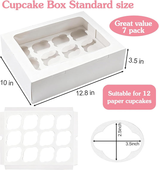Moretoes 7 Pack Auto-popup Cupcake Boxes,12 Cupcake Containers, Bakery Carrier Boxes with Windows and Inserts for Grad Party Dessert Packaging (White)