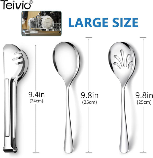 Teivio Stainless Steel Metal Serving Utensils - Large Set of 9-10" Spoons, 10" Slotted Spoons, and 9" Tongs (Silver)