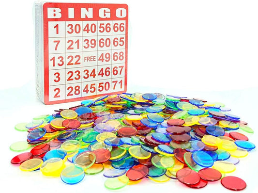 Yuanhe Bingo Cards Game Set - Includes 50 Bingo Cards and 500 Colorful Transparent Bingo Chips, for Bingo Games and Card Games