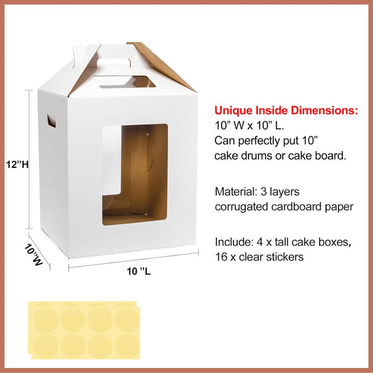 Mcfleet Tall Cake Boxes 4 Pack 12x12x14 for Tier Cakes with Window - 12 Inch Disposable Large Layer Bakery Carrier with Handle - Bakery Safe Transport Box for Wedding, Birthday, Party