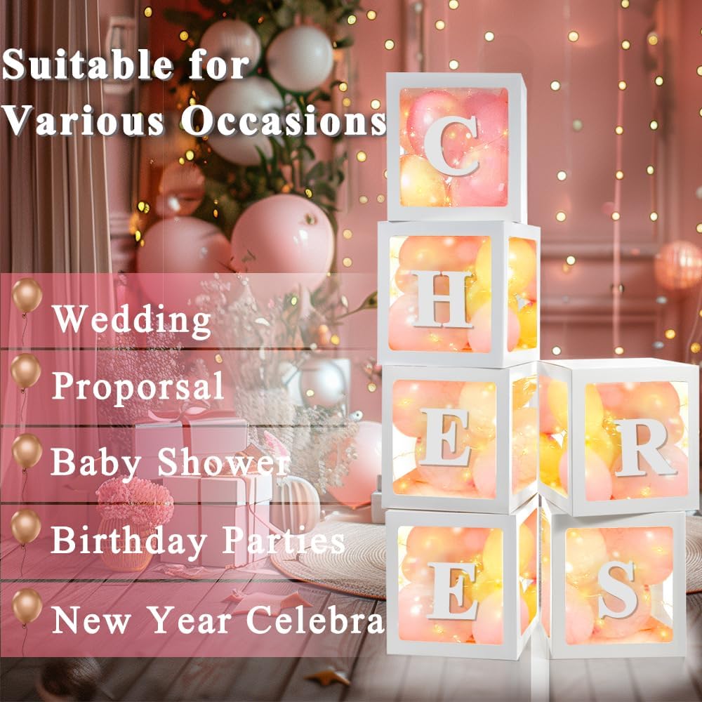 Ledido Transparent Balloon Boxes, Clear Balloon Boxes with 5 Pcs String Lights and 78 Letters for Baby Shower Gender Reveal 2026 New Year Grad Party Birthday Anniversary Bridal Decor - 5 White Boxes