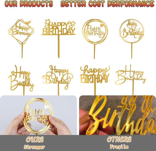 10-Pack Happy Birthday Cake Toppers,Gold Cake Toppers Acrylic Birthday Cake Supplies,4inchx6inch (Gold)