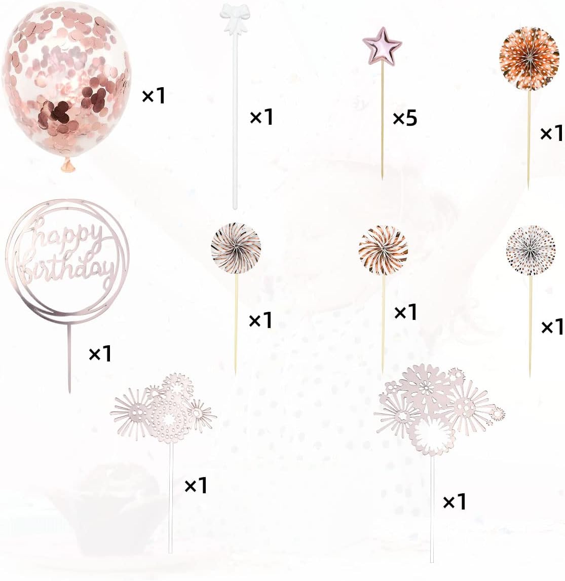 Cake Topper Decoration Set Acrylic Glitter Happy Birthday Cake Topper with Confetti Balloon Paper Fans Stars Firework Cupcake Toppers for Gold Theme Decor Girl Women Birthday Party Supplies (Gold)