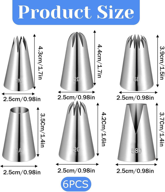 6 Pack Large Piping Tips Set Stainless Steel Cupcake Icing Tips Cake Decorating Frosting Nozzles Reusable Cake Piping Kit Decorating Supplies for Pastry Baking Cookies Butter Cream Puff Accessories