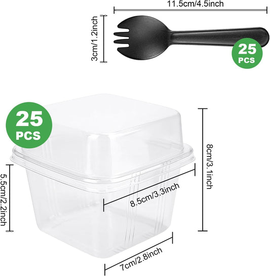 YOIYINI 25Pcs 8oz Mini Square Clear Dessert Cups with Lids and Spoons,Plastic Ice Cream Containers,Fruit Cups with Lid for Party,Disposable Dessert Cups for Fruit,Salads,Cupcakes,Parfait,Pudding