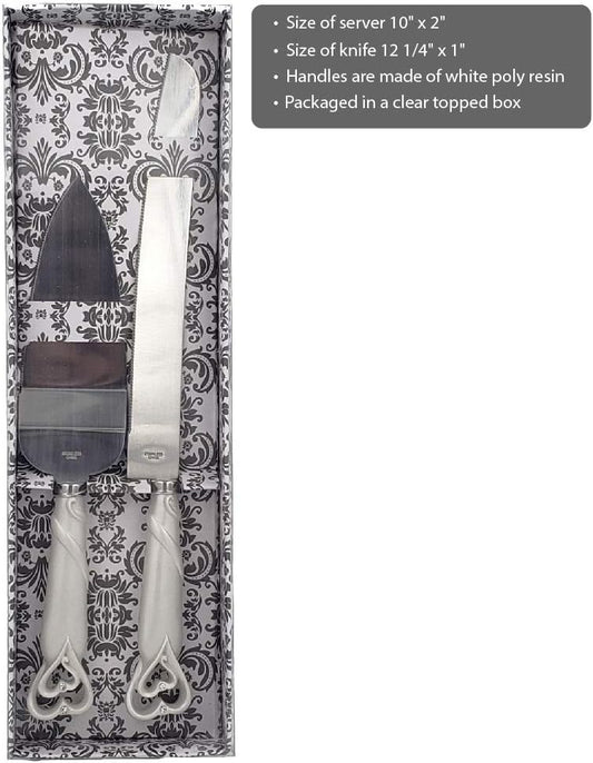 FASHIONCRAFT 2401 Interlocking Hearts Design Cake Knife and Server Set, Wedding Cake Knife and Server Set, Silver Stainless Knife Set