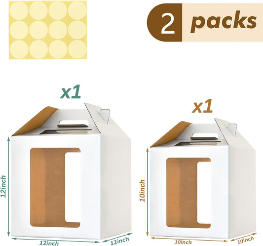 3 Pack 12in Tall Cake Boxes for Tier Cakes, 12x12x14 Inch Tiered Cake Box,Tall Cake Carrier with Window, 10in 12in Large Tierd Bakery Take Out Transport Containers with Handle