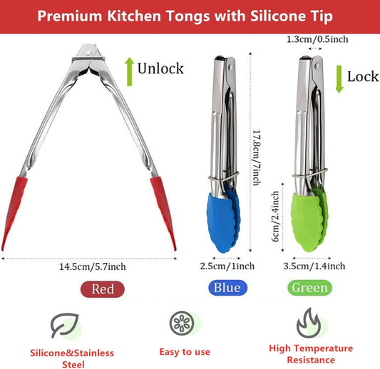 Mini Kitchen Tongs with Silicone Tips, 3-Piece Set, 7-Inch Non-Stick Tongs with Stainless Steel Silicon Handles, Heat Resistant for Cooking & Serving (Red)