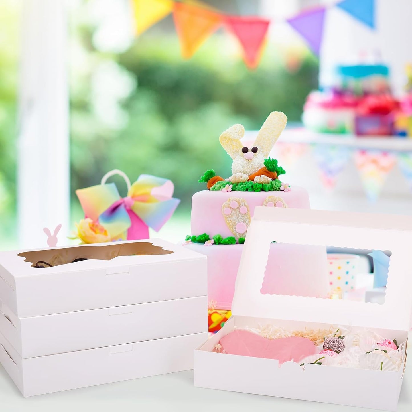 TOMNK 7pcs Cookie Boxes, 12x8x2.5 Inches White Bakery Boxes with 3 Style Window for Chocolate Covered Strawberries, Treats, Breakable Heart, Pastries, Desserts and Cake Pops