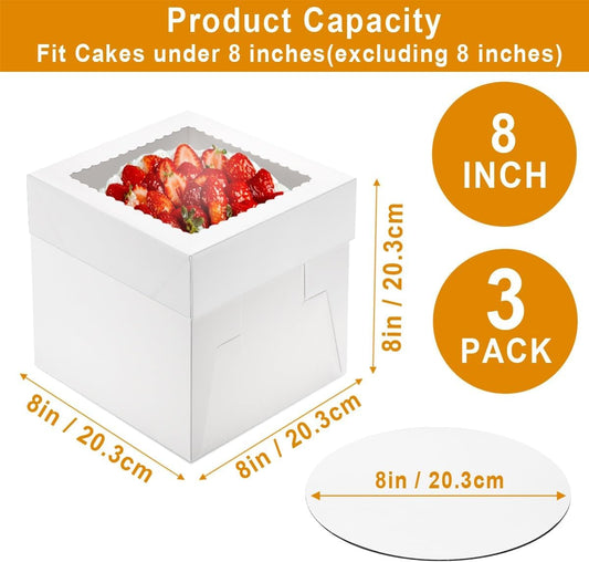 Cake Boxes with Window and Cake Boards, 8 x 8 x 8 Inches, 3 Pack, Disposable Bakery Containers for Wedding, Birthday, Party (8 inch)