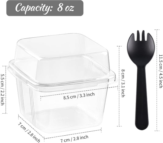 Kucoele 50 Pack 8 oz Plastic Dessert Cups with Lids and Sporks, Clear Square Cake Cups Dessert Containers for Pudding Parfait Fruit Yogurt and Shortcake