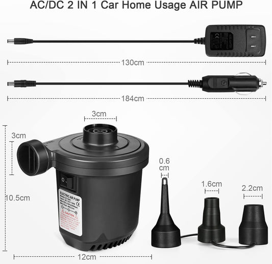 Air Pump for Inflatables, Portable Quick-Fill Electric Air Mattress Pump with 3 Nozzles, Inflator & Deflator Pumps for Outdoor Camping, Pool Floats, Inflatables Couch, Swimming Ring, 12V DC/110V AC