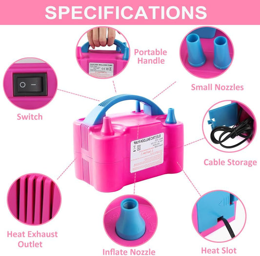 Balloon Pump Electric, 110V-120V Portable Dual Nozzle Balloon Blower with Tying Tools, Clips, Strips, Glues, Ribbons for Birthday Party Wedding Decorations