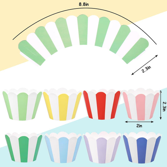 Whaline 48Pcs Colorful Striped Cupcake Wrappers Paper Cupcake Liners Scalloped Dessert Holders for Birthday Baby Shower Wedding Party Supplies, 8 Designs