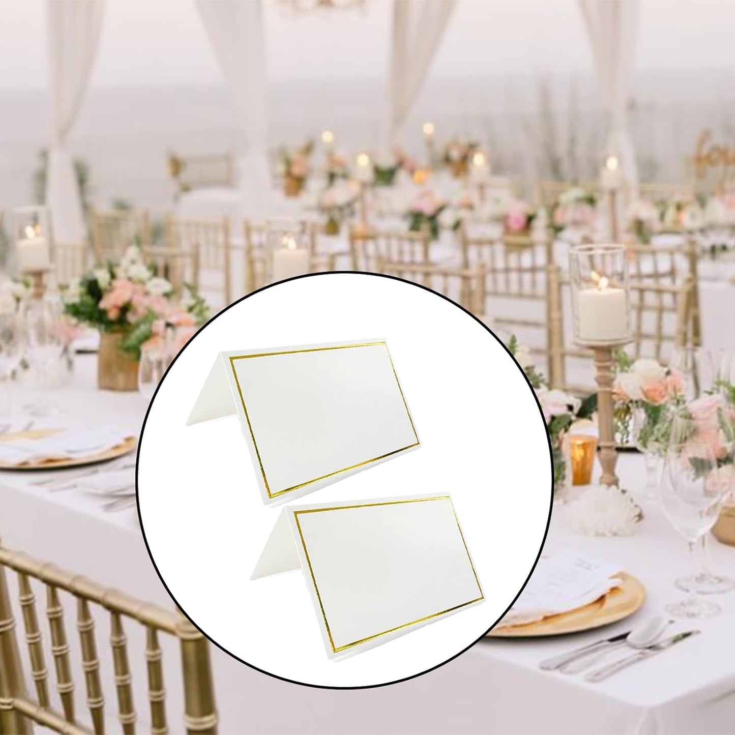 100Pcs Black & White Place Cards, 2"x3.5" Folded Tent Name Cards with Luxurious Gold Foil Border for Weddings, Banquets, Dinner Parties - 50 Black + 50 White