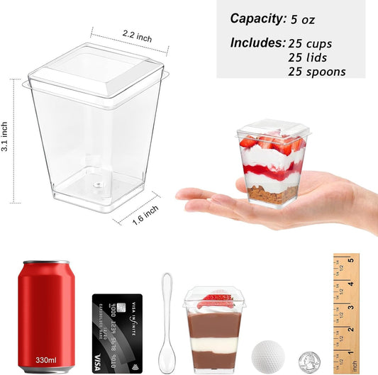 Zezzxu 50 Pack 5 oz Plastic Dessert Cups with Lids and Spoons, Banana Pudding Cups with Lids Mini Dessert Shooters for Party Individual Yogurt Parfait Jello Fruit Trifle