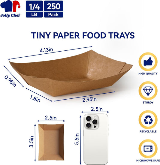 JOLLY CHEF 3lb Paper Food Trays,250 Pack Disposable Boat, Extra Large Food Serving Holder Tray for Gameday,Party, Nachos, Hot Dogs, Taco, French Fries