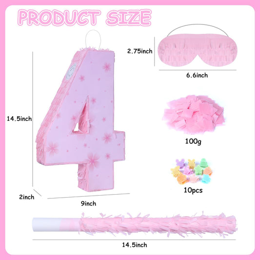 Pink Number 4 Piñata with Pinata Stick & Blindfold for Kids Girls Boys 4th Birthday Party Decorations Carnival Games with Hair Claw Clip Gift (Number 4)