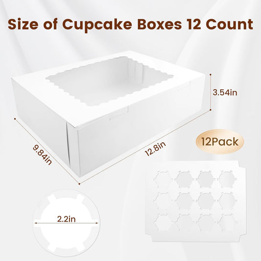 12PCS Cupcake Boxes 12 Count Cupcake Container with Window White Cupcake Holder Holding 144 Cupcakes for Birthday Holiday Party Bakery Supplies