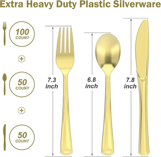 Dealusy 200 Count Heavy Duty Gold Plastic Silverware, 100 Forks, 50 Spoons, 50 Knives, BPA-Free, Heat Resistant, Disposable Plastic Utensils Set Cutlery Set, Plasticware Bulk