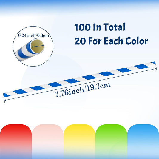 100PCS Biodegradable Paper Straws Bulk, Assorted Rainbow Colors Striped Drinking Straws for Juice, shakes, Cocktail, Coffee,Soda, Milkshakes, Smoothies,Celebration Parties and Arts Crafts Projects