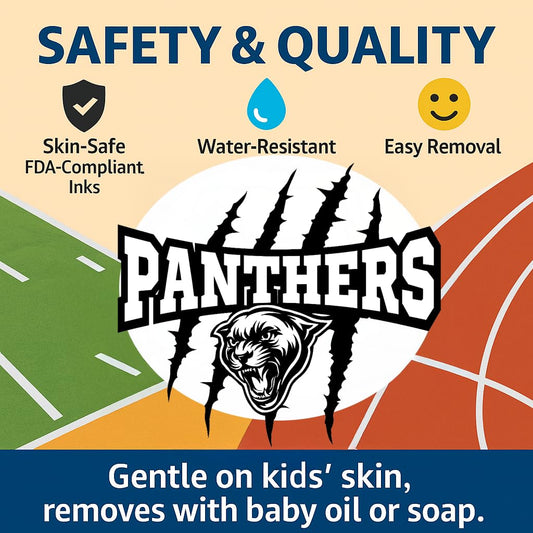 Panthers Mascot Temporary Tattoos for Kids – 25-Pack Pre-Cut, Skin-Safe and FDA Compliant – School Spirit and Sports Team Party Favors