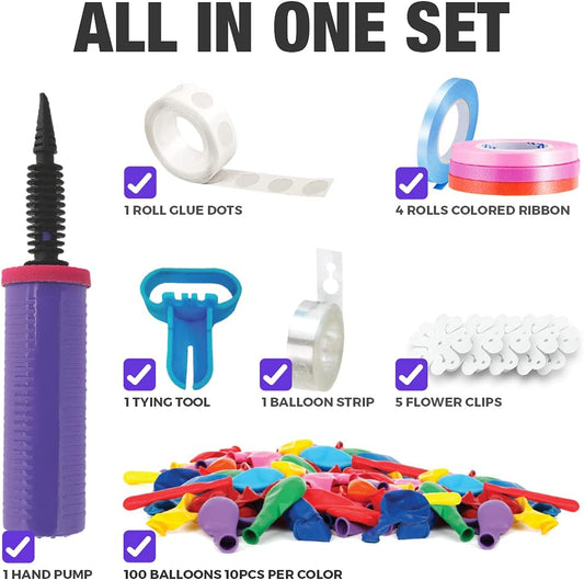 113 Piece 12 Inch Balloon kit | With Hand Pump | 100 Colorful Balloons | Roll Arch Strip for Garland | 100 Glue Dots Double Sided | 4 Colored Balloon Ribbon | 5 Flower Clip | 1 Tying Tool
