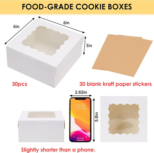 Moretoes 30pcs White Cookie Boxes with Window, 6x6x3 Inches, Bakery Boxes for Cookies, Pastry,Strawberries, Small Pie, Macarons
