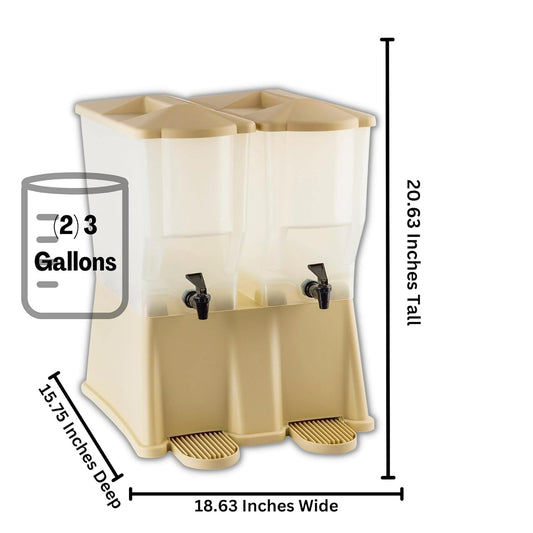 TableCraft TW33DP, 6 Gal Twin Slimline Beverage Dispenser, (2) 3 Gal Clear Reservoirs, Almond Base, Compact Design, Tomlinson Faucets, 8.25" Faucet Clearance, NSF Approved, Made in USA