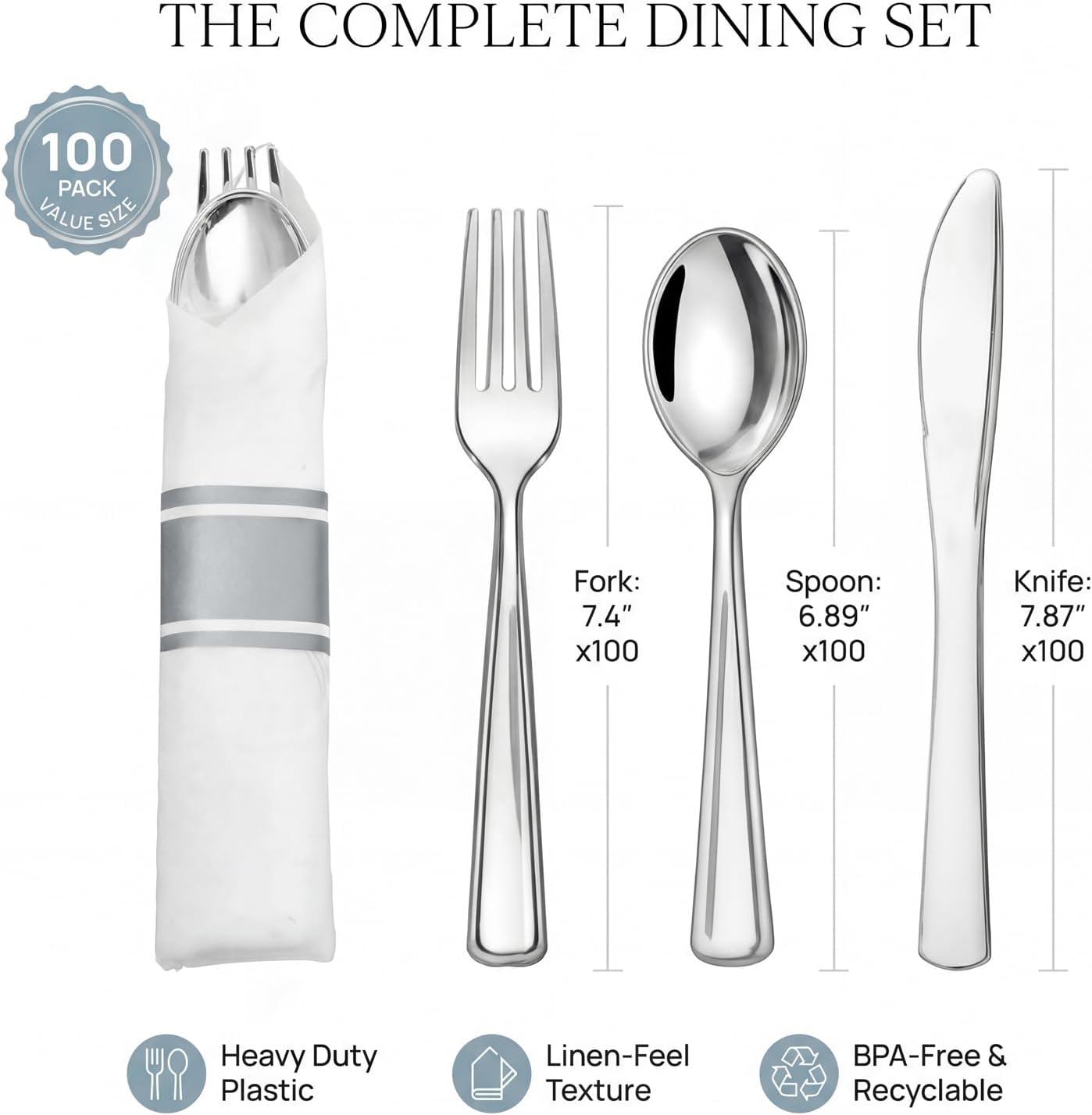 Liacere 100 Pack Silver Plastic Silverware-Pre Wrapped cutlery and Napkin-Pre Rolled Silverware Disposable 100 Forks, 100 Knives 100 Spoons, 100 Napkins Plastic Utensils&Wedding