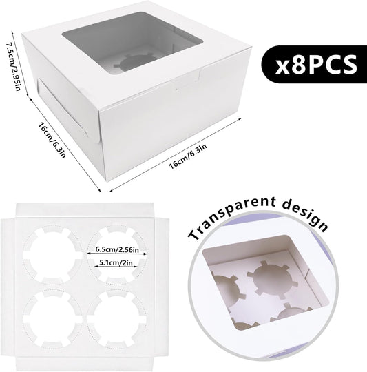 MUMULULU 8 PCS White Paper Cupcake Boxes with 4 Cavity Cookie Gift Boxes with Clear Window 4 Treat Holder Cupcake Containers Bakery Cake Box for Birthday Party Bakery Supplies