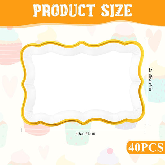 40 Pcs White and Gold Rim Cardboard Serving Trays, 9" x 13" Disposable Serving Trays and Platters Cupcake Platter Rectangle Gold Servings Tray for Fruit Dessert Cookies Birthday Party Wedding