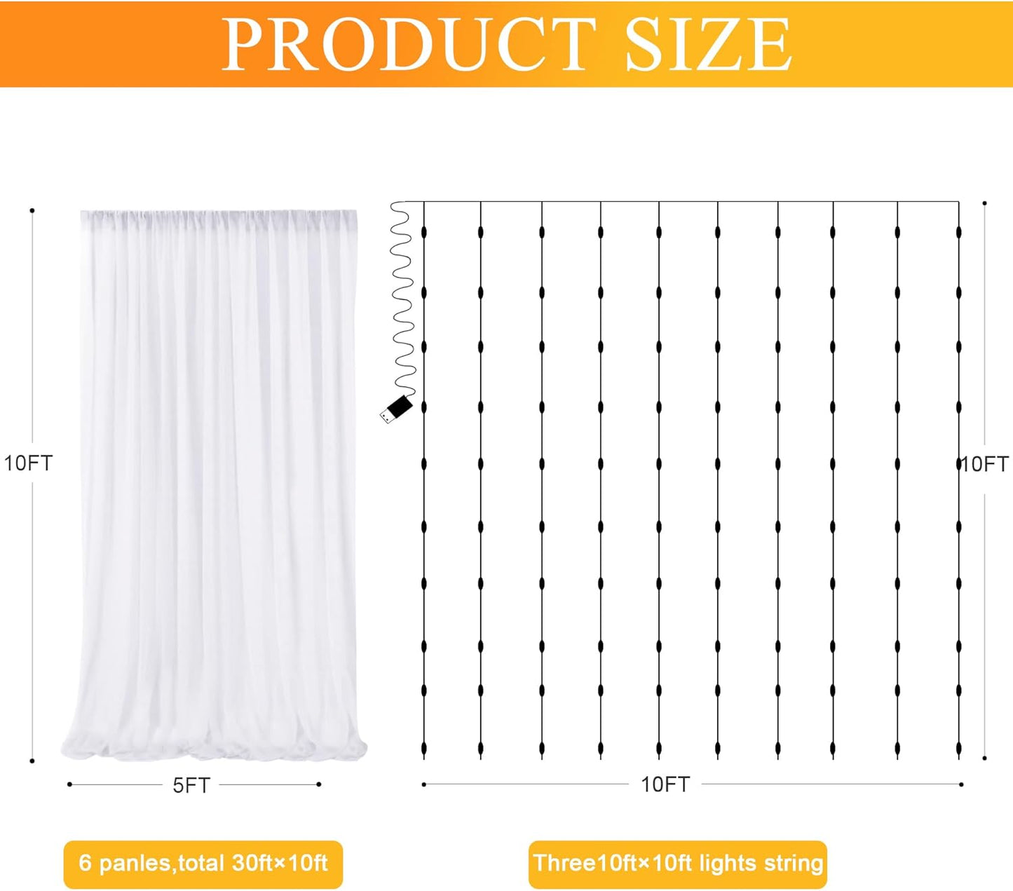 Fomcet Tulle Backdrop Curtains with Lights String White 10FT X 8FT Sheer Curtain with Lights Tulle Curtains Backdrop for Wedding Birthday Party Baby Shower Photo Shoot (2 Panels 5x8FT)