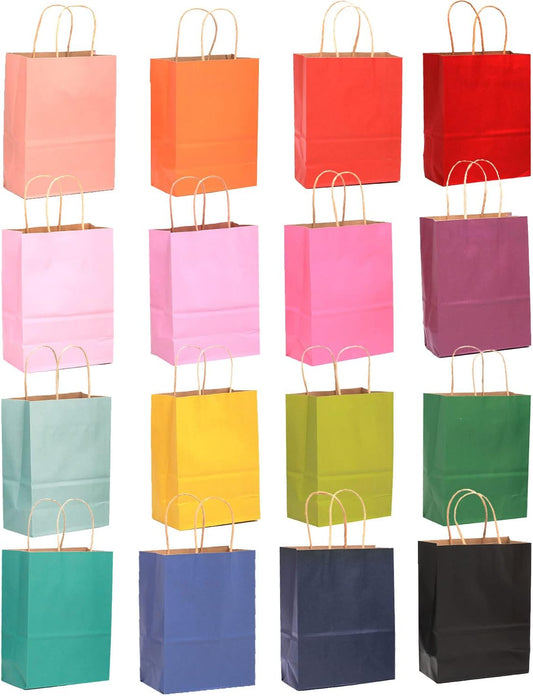 qiqee 32-Packs Paper Bags with Handles Bulk 8.26"×6"×3.15" Small Gift Bags 16 Different Senior Color Bags Multiple Uses(Small Size)