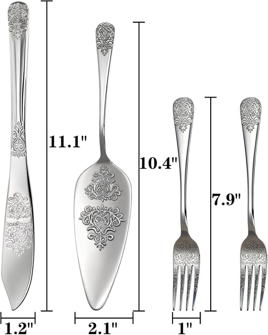 DEAYOU 4 PCS Wedding Cake Knife and Server Set, Stainless Steel Cake Cutting Set with Forks, Engraved Cake Cutter Pie Spatula for Engagement, Anniversary, Birthday, Bride and Groom Gift, Silver