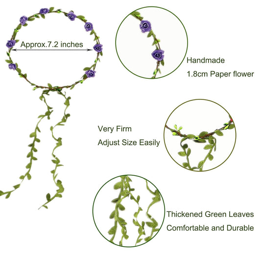 FUGZAUD 15 Pack Assorted Colored Rose Flower Crown Headband Garland Multicolor Headbands Wreath Floral Bohemian Headpiece for Vacation Fairy Party Wedding Festival
