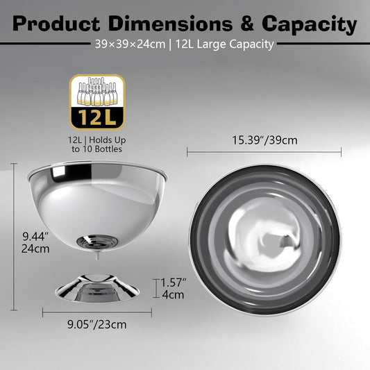 12L Large Stainless Steel Champagne Ice Bucket with Ice Scoop, Mirror Polished Punch Bowl with Detachable Stable Base, Holds Up to 10 Bottles for Parties, Weddings, Banquets and Restaurants(2 packs)