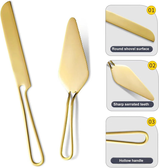 Cake Cutting Set for Wedding -Hollow Handle Cake Knife And Server Set Stainless Steel Cake Cutter and Pie Spatula for Wedding, Birthday, Parties and Events,Anniversary Christmas Gift,Golden 2Pcs