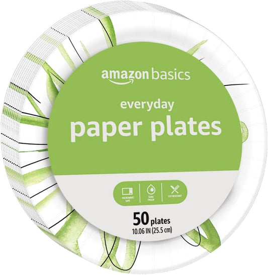 Amazon Basics Everyday Disposable Paper Plates, 10 Inch, Microwave-Safe, Cut Resistant, Soak-Proof, 150 Count