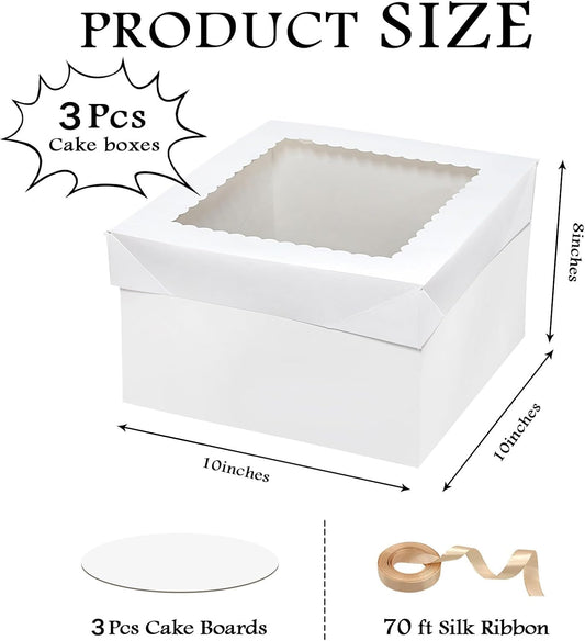6PCS 12x12x8 Inches Cake Boxes with Boards—(3 Boxes with window & 3 Borads & 70ft Silk Ribbon) Large Square Baking Boxes for Christmas,Birthday Party, Wedding, Valentine's Day