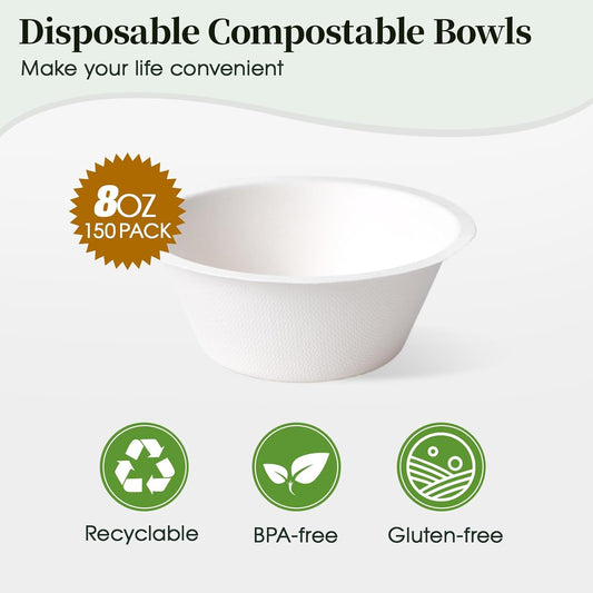 ECOLipak 150 Pack 12 oz Paper Bowls Disposable, Heavy-Duty Biodegradable Compostable Bowls Made of Natural Sugarcane Bagasse, Suitable for Salad, Dessert, Milk, Cereals