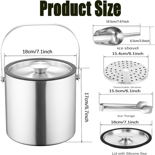 3L Double-Wall Insulated Ice Bucket with Lid, Ice shovel &Tongs and Strainer, Stainless Steel Ice Bath Tub with Silicone Sealed Lid for Wine, Ice Buckets for Parties, Wine Chiller, Light Sliver