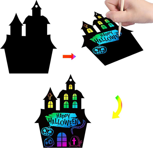 MGparty Scratch Paper Craft for Kids - 48 Pcs Halloween Magic Rainbow Scratch Paper Off Cards Set for Kids Crafts Arts Supplies Halloween Ornaments Party Games Birthday Gifts