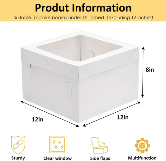 Moretoes 30 Pack Cake Boxes 12 Inch with Cake Boards (15 Boxes & 15 Boards), 12x12x8 Inch Carrier with Window for Cajas Pasteles, White Bakery Containers Disposable Boxes for Birthday, Party