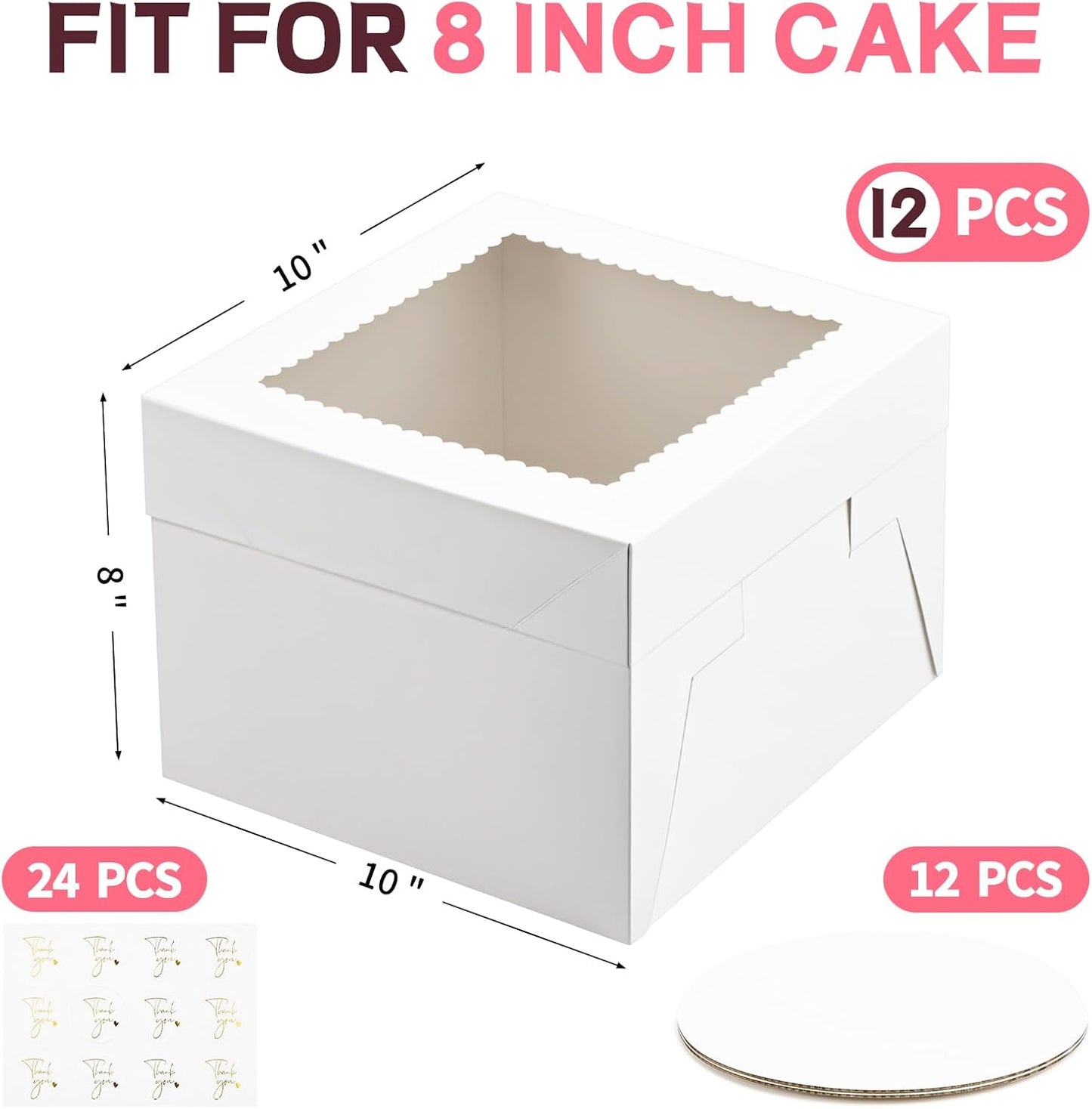 ZORRITA 2 Pack Cake Boxes, 10 x 10 x 8 Inches Tall Cake Boxes with Cake Boards, Disposable Cake Containers with Lids and Window for Wedding, Birthday, Party
