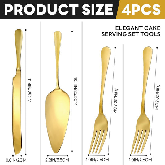4Pcs Wedding Cake Knife and Server Set with Forks, Stainless Steel, Gold, 4 Items, 4 Pieces, Formal, Traditional, Cake Cutting Set for Wedding, Bridal Shower, Anniversary, Engagement Present