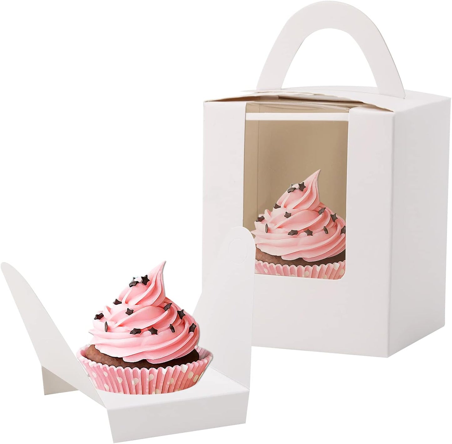 acDesign 100Pcs Cupcake Boxes With Window 3.6in*3.6in*4.3in Single Individual Cupcake Boxes With Handle and Inserts for Wedding Birthday Party Treats Gift,Black