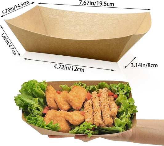 Oomcu 100 Pack 3 lb Heavy Duty Paper Food Trays - Disposable Kraft Brown Paper Boats for Party Snacks, Nachos, Hot Dogs, Tacos & BBQ