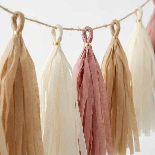 15PCS Dusty Rose Pink Boho Paper Tassel Garland Banner Party Streamer Backdrop for Wedding Girl Baby Shower Birthday Classroom Nursery Hanging Decoration
